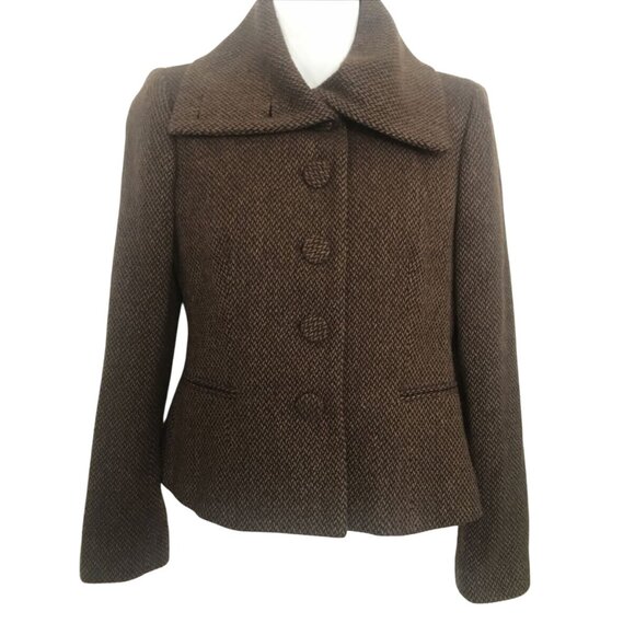 Lauren Ralph Lauren  Brown Tweed Button-Up Jacket With High Collar & Pockets - Picture 1 of 14